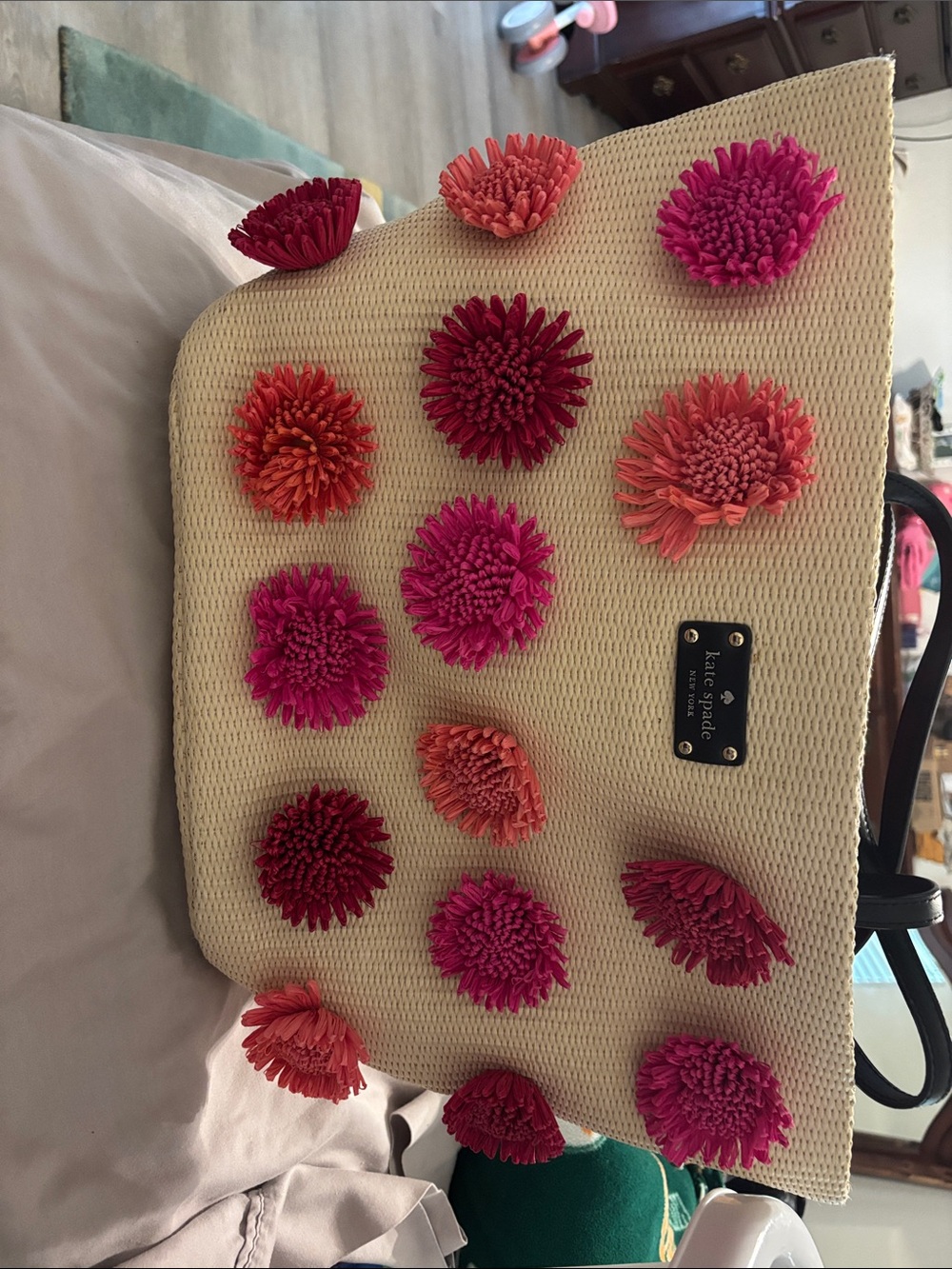 kate spade Cream Straw Tote with Pink and Coral Flower Appliques